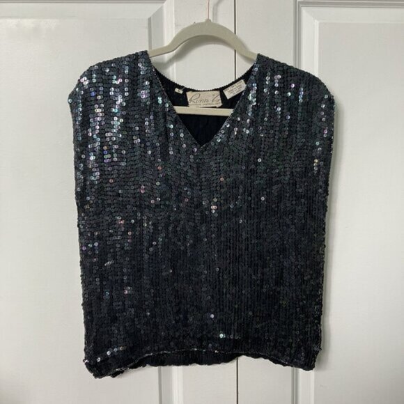 Vintage Tops - Vintage Rina Z Top Womens L Sequin Beaded V-neck Cap Sleeve 80s Silk Blouse